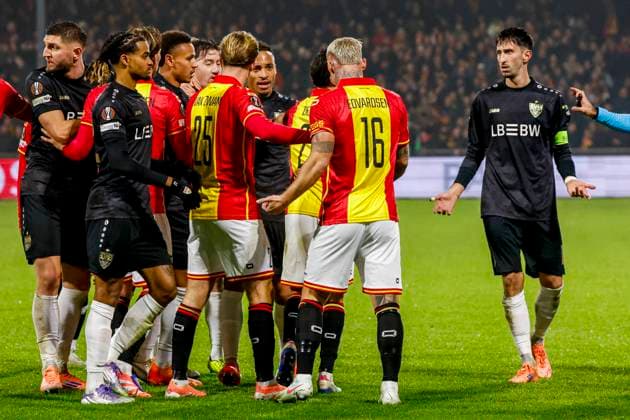Victor Edvardsen of Go Ahead Eagles and players of Go Ahead Eagles and of VfB Stuttgart in discussion Go Ahead Eagles v VfB Stuttgart, UEFA Europa League 2025 26 League Phase MD5, Go Ahead Eagles v VfB Stuttgart, Stadion De Adelaarshorst, November 27, 2025, Deventer, Netherlands.