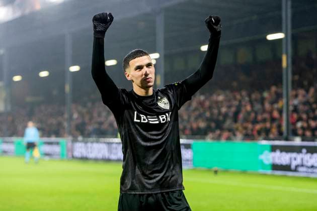Bilal El Khannouss of VfB Stuttgart celebrate their team s third goal with Jeff Chabot of VfB Stuttgart Go Ahead Eagles v VfB Stuttgart, UEFA Europa League 2025 26 League Phase MD5, Go Ahead Eagles v VfB Stuttgart, Stadion De Adelaarshorst, November 27, 2025, Deventer, Netherlands.