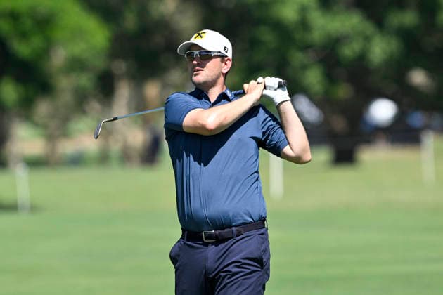 28th November 2025; Royal Queensland Golf Club, Brisbane, Queensland, Australia; BMW Australian PGA, Golf Herren Championship Golf, Round Two; Bernd Wiesberger of Austria follows the flight of his approach shot to the green  NigelxOwen
