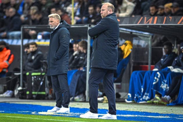 Belgium, Football, UEFA Europa League, Matchday 5, 2025 2026, KRC Genk vs FC Basel 1893, 27 11 2025, Cegeka Arena, Genk, Belgium, Ludovic Magnin Head Coach, FC Basel and Thorsten Fink Head Coach, KRC Genk on the sidelines Copyright: xMarkusxVerwimpx