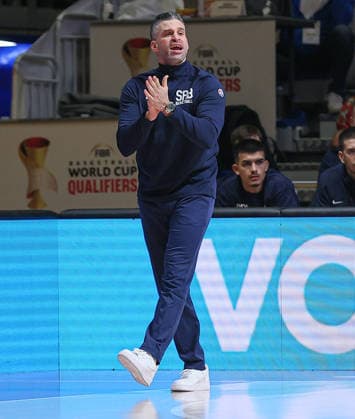 (251128) -- BELGRADE, Nov. 28, 2025 -- Serbia s head coach Dusan Alimpijevic reacts during the FIBA basketball World Cup 2027 European qualifiers first round group C match between Serbia and Switzerland in Belgrade, Serbia, Nov. 27, 2025. (Photo by Xinhua) (SP)SERBIA-BELGRADE-BASKETBALL-FIBA-WORLD CUP-QUALIFIER-SERBIA VS SWITZERLAND PredragxMilosavljevic 