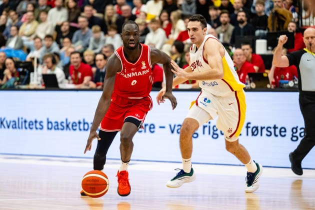 Denmark v Spain, FIBA World Cup 2027 European Qualifiers, Farum, Denmark Farum, Denmark. 27th, November 2025. Bakary Dibba (0) of Denmark seen during the FIBA World Cup 2027 European qualifier between Denmark and Spain at Farum Arena in Farum.  Copyright: xGonzalesxPhoto TobiasxJorgensenx