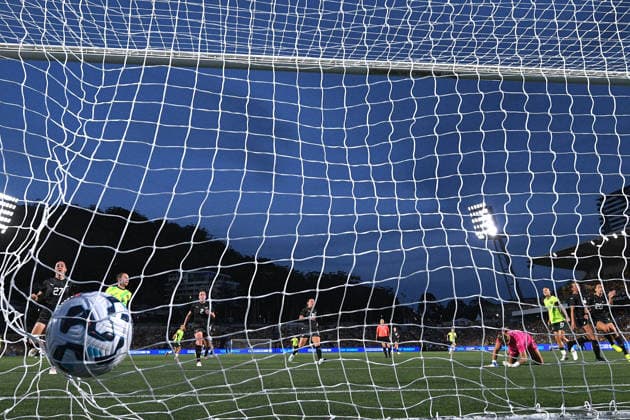 SOCCER AUSTRALIA NEW ZEALAND WOMEN, Amy Sayer of the Matildas (right) scores a goal during the International Women s friendly match between between Australia and New Zealand at Polytec Stadium in Gosford, Friday, November 28, 2025. ( NO ARCHIVING, EDITORIAL USE ONLY GOSFORD NEW SOUTH WALES AUSTRALIA  Copyright: xDANxHIMBRECHTSx 20251128113200520306