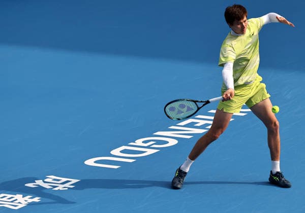 CHENGDU, CHINA - NOVEMBER 28: Beibit Zhukayev of Kazakhstan competes in the Men s Singles Semifinal match against Bu Yunchaokete of China on day 5 of the 2026 Australian Open Asia-Pacific Wildcard Playoffs at the Sichuan International Tennis Centre on November 28, 2025 in Chengdu, Sichuan Province of China.  Copyright: xChinaxNewsxServicex 111606371506