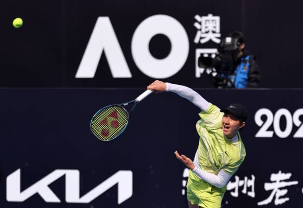CHENGDU, CHINA - NOVEMBER 28: Beibit Zhukayev of Kazakhstan competes in the Men s Singles Semifinal match against Bu Yunchaokete of China on day 5 of the 2026 Australian Open Asia-Pacific Wildcard Playoffs at the Sichuan International Tennis Centre on November 28, 2025 in Chengdu, Sichuan Province of China.  Copyright: xChinaxNewsxServicex 111606371513