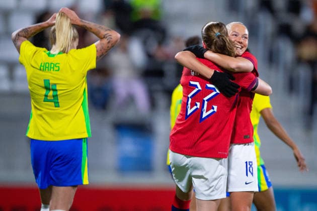 Privatlandskamp Norge- Brasil Cadiz, Spania 20251128. Norsg jubel etter scoring av Logo Signe Gaupset i privatlandskampen Norge- Brasil pa Estadio Ciudad de la Linea. Foto: Jorge Guerrero NTB Cadiz Spania EDITORIAL USE ONLY. RESTRICTED USE FOR BETTING COMPANIES Ref:_SPOSCHZ-Rr0g1Y.jpg  Copyright: xJorgexGuerrerox xNTBx