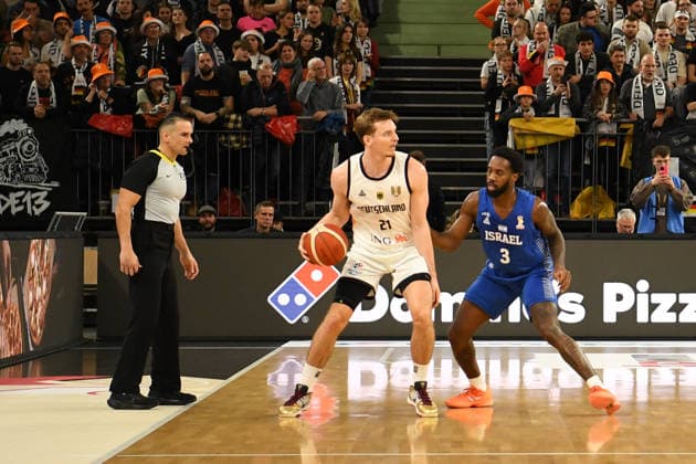 Jack Kayil 2 Germany and Khadeen Carrington 3 Israel in action at the Basketball World Cup qualifying match between Germany and Israel on November 28, 2025, in Neu Ulm Neu Ulm ratiopharm Arena Bavaria Germany