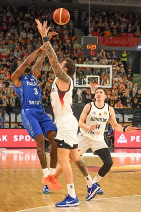 Khadeen Carrington 3 Israel and Mahir Agva 46 Germany in action at the Basketball World Cup qualifying match between Germany and Israel on November 28, 2025, in Neu Ulm Neu Ulm ratiopharm Arena Bavaria Germany