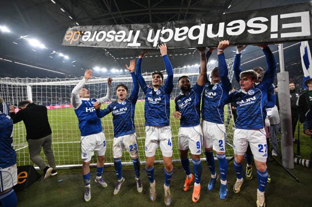 Schalke players celebrate victory 28 11 2025, Soccer 2 Bundesliga, Season 2025 2026, Matchday 14, FC Schalke 04 SC Paderborn DFL regulations prohibit any use of photographs as image sequences and or quasi video Gelsenkirchen Veltins Arena Nordrhein Westfalen Germany Team2