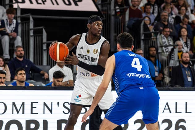 GER, FIBA Basketball World Cup 2027, European Qualifiers, Germany Israel 28 11 2025, Ratiopharm Arena, Neu Ulm, GER, FIBA Basketball World Cup 2027, European Qualifiers, Germany Israel Isaac Bonga Germany, No0 , Gur Lavi Israel, No 4 Â Photo Alexander Trienitz Neu Ulm Ratiopharm Arena Bayern Germany