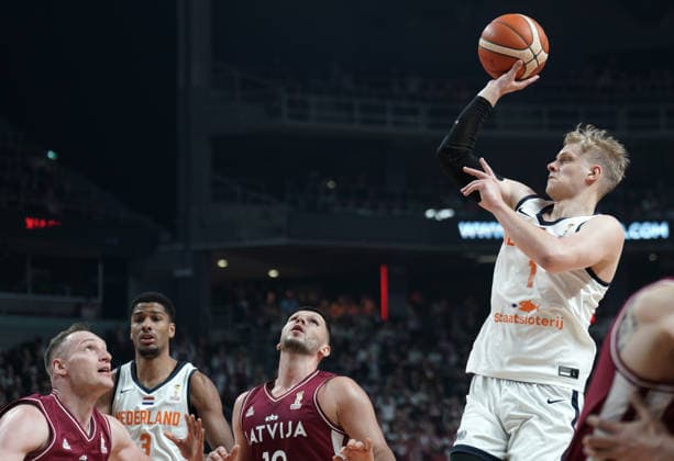 basketball, FIBA, World Cup Qualifiers, Latvia, Netherlands Keye van der Vuurst in action during FIBA 2027 World Cup Qualifiers basketball game Latvia vs Netherlands in Riga, Latvia 28.11.2025. Photo: Roman Koksarov Riga Latvia Copyright: xRomanxKoksarovx RKO04332.JPG