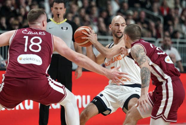 basketball, FIBA, World Cup Qualifiers, Latvia, Netherlands Marijn Ververs, KlÄvs Cavars and lKristaps Kilps in action during FIBA 2027 World Cup Qualifiers basketball game Latvia vs Netherlands in Riga, Latvia 28.11.2025. Photo: Roman Koksarov Riga Latvia Copyright: xRomanxKoksarovx RKO04335.JPG