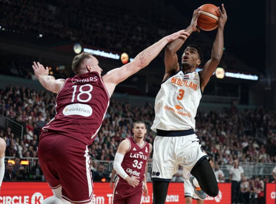basketball, FIBA, World Cup Qualifiers, Latvia, Netherlands David N Guessan and KlÄvs Cavars in action during FIBA 2027 World Cup Qualifiers basketball game Latvia vs Netherlands in Riga, Latvia 28.11.2025. Photo: Roman Koksarov Riga Latvia Copyright: xRomanxKoksarovx RKO04347.JPG