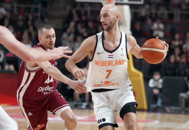 basketball, FIBA, World Cup Qualifiers, Latvia, Netherlands Marijn Ververs and Toms Leimanis in action during FIBA 2027 World Cup Qualifiers basketball game Latvia vs Netherlands in Riga, Latvia 28.11.2025. Photo: Roman Koksarov Riga Latvia Copyright: xRomanxKoksarovx RKO04623.JPG