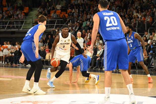 Isaac Bonga 0 Germany in action at the Basketball World Cup qualifying match between Germany and Israel on November 28, 2025, in Neu Ulm Neu Ulm ratiopharm Arena Bavaria Germany