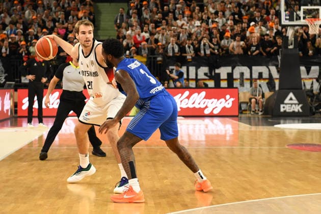Malte Delow 20 Germany and Khadeen Carrington 3 Israel in action at the Basketball World Cup qualifying match between Germany and Israel on November 28, 2025, in Neu Ulm Neu Ulm ratiopharm Arena Bavaria Germany