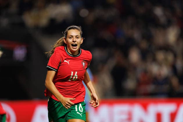 Andreia Faria seen celebrating after scoring goal during International Friendly, Länderspiel, Nationalmannschaft game between Women National teams of Portugal and Netherlands (Joao Gregorio Ball Raw Images) Braga Estadio Municipal de Braga Portugal Copyright: xJoaoxGregoriox joaogregorio_portugal_netherlands_women_2526-165