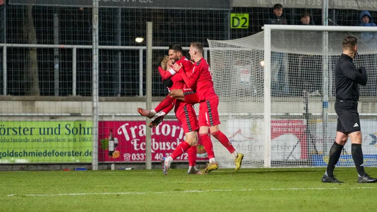 Soccer, Men, Season 2025 2026, Regionalliga Nordost, Matchday 17, FSV 63 Luckenwalde vs ZFC Meuselwitz, Friday 28 11 2025, Werner Seelenbinder Stadion Luckenwalde, In the picture cheering at ZFC Meuselwitz around Andy Trübenbach after the last minute equalizer by penalty kick Brandenburg Germany
