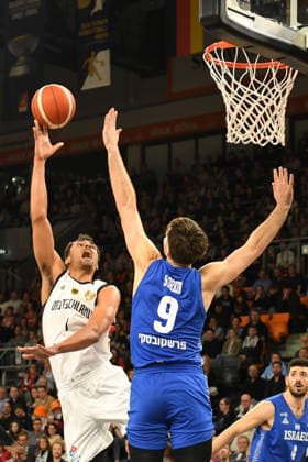 Oscar da Silva 1 Germany and Roman Sorkin 9 Israel in action at the Basketball World Cup qualifying match between Germany and Israel on November 28, 2025, in Neu Ulm Neu Ulm ratiopharm Arena Bavaria Germany