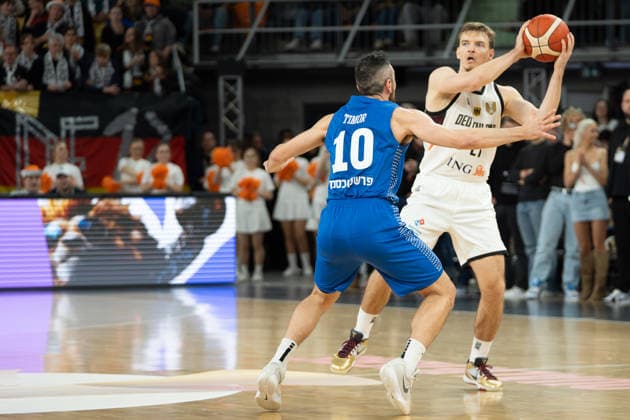 Bar Timor 10 Israel and Justus Hollatz 21 Germany in action at the Basketball World Cup qualifying match between Germany and Israel on November 28, 2025, in Neu Ulm Neu Ulm ratiopharm Arena Bavaria Germany