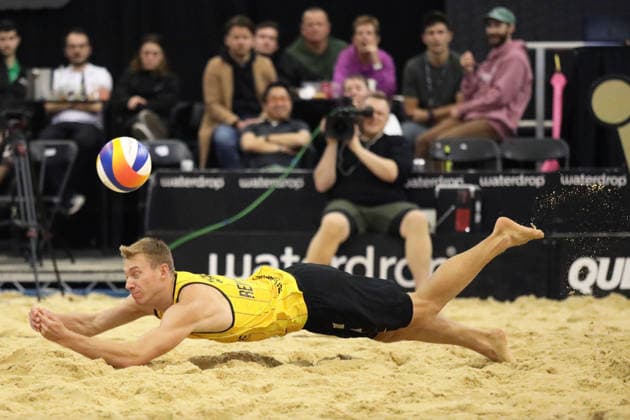Jonas Reinhardt dives to return during the Queen & King Of The Court, Volleyball Crown Series at the Crystal Palace National Sports Centre, London, United Kingdom on 28 November 2025. Copyright: xJoshuaxSmithx 44320011