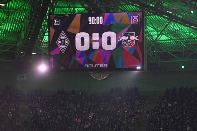 Final score 0 0 on the scoreboard, feature, symbol photo, border motif, Football 1 Bundesliga season 2025 2026, 12 matchday, matchday12, matchday12, Borussia Moenchengladbach MG RB Leipzig L 0 0 on 28 11 2025 BORUSSIA PARK Moenchengladbach DFL regulations prohibit any use of photographs as image sequences and or quasi video ÃÂ