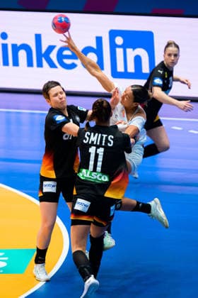 Handball, Womens World Championship, Group C Uruguay Germany Alina Grijseels Germany , Xenia Smits Germany Stuttgart Porsche Arena Baden Württemberg Germany