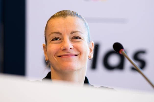 Handball, Women Germany Press conference Antje Döll Doell Germany laughing smiling good-humored grinning Ludwigsburg Forum am Schlosspark Baden Württemberg Germany