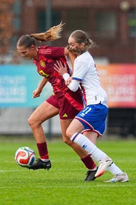 29 11 2025, xydrx, Football, International, European Championship Qualification U19 Women, Germany Faroe Islands, Sportschule Wedau Svenja Voehringer GER 13 in duel against Eydna Dalheim FRO 11 DFB regulations prohibit any use of photographs as image sequences and or quasi video Photo xYannisxDreimannxPressefotokochx Nordrhein Westfahlen Germany