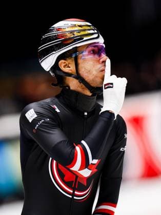 DORDRECHT - William Dandjinou (CAN) wins the 1500-meter final on day 3 of the fourth ISU World Tour short track Speed skating, Eisschnelllauf competition of the season. The competition is a qualifying tournament for the Olympic Games, Olympische Spiele, Olympia, OS ANP SEM VAN DER WAL xVIxANPxSportx xxANPxIVx 543362971 originalFilename: 543362971.jpg