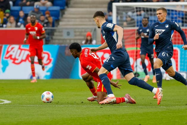 Samuel Essende FC Augsburg, 09 and Albian Hajdari TSG Hoffenheim, 21 in duel , Germany, Soccer, 1 Bundesliga, Matchday 12, 2025 2026, TSG Hoffenheim vs FC Augsburg, 29 11 2025, PreZero Arena, Sinsheim, Germany Sinsheim PreZero Arena Baden Württemberg Germany Copyright: xGrantxHubbsx