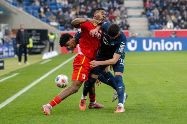 Bernardo Fernandes Da Silva Junior TSG 1899 Hoffenheim , Samuel Essende FC Augsburg and Albian Hajdari TSG 1899 Hoffenheim xettx, Germany, Sinsheim, 29 11 2025, Football, Bundesliga TSG 1899 Hoffenheim vs FC Augsburg, Season 2025 2026, Matchday 12, PreZero Arena DFL DFB REGULATIONS PROHIBIT ANY USE OF PHOTOGRAPHS AS IMAGE SEQUENCES AND OR QUASI VIDEO