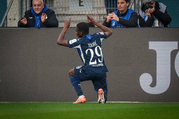 Bazoumana Toure 29 TSG 1899 Hoffenheim cheers after his goal for 1 0, TSG Hoffenheim vs FC Augsburg, Football, Bundesliga, DFL, Season 2025 2026, First round, Matchday 12, 29 11 2025 DFB regulations prohibit any use of photographs as image sequences and or quasi video Sinsheim Baden Wuerttemberg Germany Copyright: xkolbert-press MartinxAgüerax