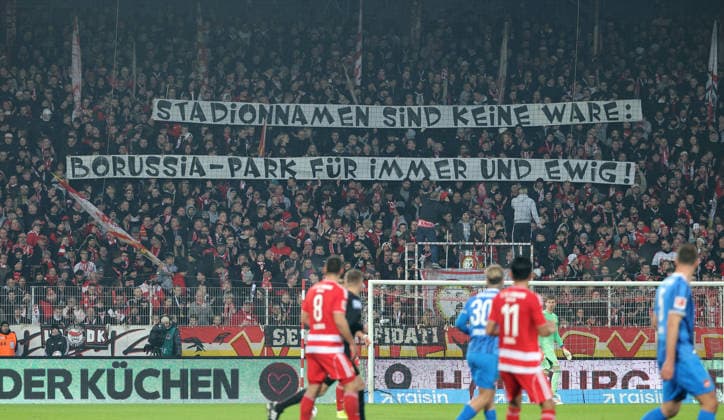 Poster, banner of Union fans Stadium names are not a commodity Borussia Park forever and ever against renaming of Borussia Mönchengladbach stadium Sport Football Soccer Bundesliga Men DFL 12 Matchday Season 2025 2026 29 11 2025 1 FC Union Berlin FCU vs 1 FC Heidenheim FCH DFL regulations prohibit any use of photographs as image sequences and or quasi video