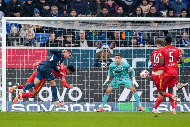 from left goalscorer Grischa Prömel Hoffenheim, 6 , Noahkai Banks FCA, 40 , Finn Dahmen goalkeeper, FCA, 1 , Cedric Zesiger FCA, 16 , Chrislain Matsima FCA, 5 , scores the goal for 3 0, goal, goal success, highlight, Action, Action, Match scene, 29 11 2025, Sinsheim Germany , Football, Bundesliga, TSG 1899 Hoffenheim FC Augsburg, DFB DFL REGULATIONS PROHIBIT ANY USE OF PHOTOGRAPHS AS IMAGE SEQUENCES AND OR QUASI VIDEO xozx