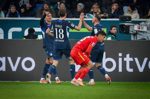 Grischa Proemel 6 TSG 1899 Hoffenheim celebrates with Wouter Burger 18 TSG 1899 Hoffenheim and Vladimir Coufal 34 TSG 1899 Hoffenheim on his goal for 3-0, disappointment, frustration for Dimitris Giannoulis 13 FC Augsburg , TSG Hoffenheim vs FC Augsburg, Football, Bundesliga, DFL, Season 2025 2026, First round, Matchday 12, 29 11 2025 DFB regulations prohibit any use of photographs as image sequences and or quasi video Sinsheim Baden Wuerttemberg Germany Copyright: xkolbert-press MartinxAgüerax