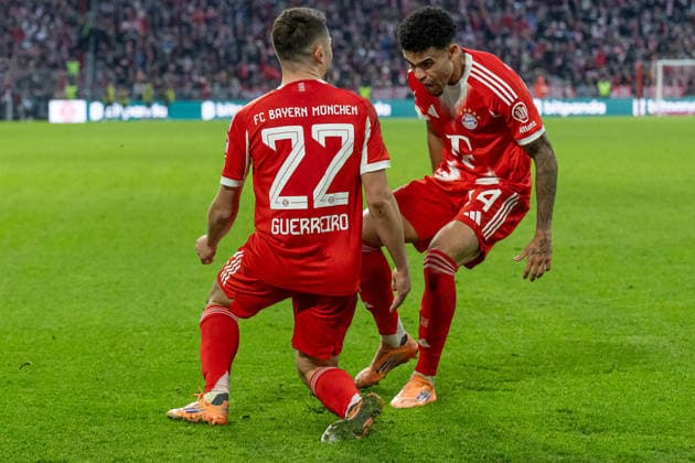 Luis Diaz FC Bayern Muenchen, 14 celebrates with Raphael Guerreiro FC Bayern Muenchen, 22 his goal to equalize 1 1 GER, FC Bayern Muenchen vs FC St Pauli, Football, Bundesliga, Matchday 12, Season 2025 2026, 29 11 2025 DFL DFB REGULATIONS PROHIBIT ANY USE OF PHOTOGRAPHS as IMAGE SEQUENCES and or QUASI VIDEO GER, FC Bayern Muenchen vs FC St Pauli, Football, Bundesliga, Matchday 12, Season 2025 2026, 29 11 2025 Muenchen Copyright: xEibner-Pressefoto HeikexFeinerx EP_HFR