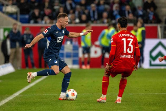 Vladimir Coufal TSG 1899 Hoffenheim and Dimitris Giannoulis FC Augsburg xettx, Germany, Sinsheim, 29 11 2025, Football, Bundesliga TSG 1899 Hoffenheim vs FC Augsburg, Season 2025 2026, Matchday 12, PreZero Arena DFL DFB REGULATIONS PROHIBIT ANY USE OF PHOTOGRAPHS AS IMAGE SEQUENCES AND OR QUASI VIDEO