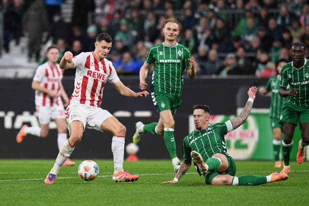 Eric Martel 1 FC Koeln and Marco Friedl Werder Bremen battle for the ball during the Bundesliga match between Werder Bremen and 1 FC Köln at Weserstadion on November 29, 2025 in Bremen, Germany Germany Photo by Ralf Treese DeFodi Images Eric Martel 1 FC Koeln and Marco Friedl Werder Bremen battle for the ball during the Bundesliga match between Werder Bremen and 1 FC Köln at Weserstadion on November 29, 2025 in Bremen, Germany Photo by Ralf Treese DeFodi Images DFL regulations prohibit any use of photographs as image sequences and or quasi video Photo by Ralf Treese DeFodi Images