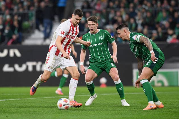 Eric Martel 1 FC Koeln and Marco Friedl Werder Bremen battle for the ball during the Bundesliga match between Werder Bremen and 1 FC Köln at Weserstadion on November 29, 2025 in Bremen, Germany Germany Photo by Ralf Treese DeFodi Images Eric Martel 1 FC Koeln and Marco Friedl Werder Bremen battle for the ball during the Bundesliga match between Werder Bremen and 1 FC Köln at Weserstadion on November 29, 2025 in Bremen, Germany Photo by Ralf Treese DeFodi Images DFL regulations prohibit any use of photographs as image sequences and or quasi video Photo by Ralf Treese DeFodi Images