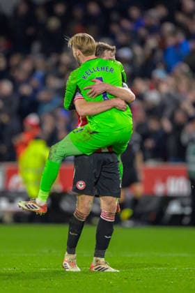 Caoimhin Kelleher (1 Brentford) and Nathan Collins (22 Brentford) celebrating the team s third goal making for score 3-1 during the Premier League game between Brentford vs Burnley at Gtech Community Stadium in London , England . (Photo by Keeran Marquis Sports Press Photo SPP) Copyright: xKeeranxMarquis SPPx Sportspressphoto_SPR67097