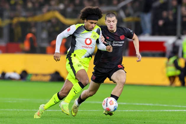 Karim Adeyemi Borussia Dortmund and Ibrahim Maza Bayer 04 Leverkusen battle for the ball, Bundesliga, Bayer 04 Leverkusen v Borussia Dortmund, BayArena, November 29, 2025 in Leverkusen, Germany Photo by Marco Steinbrenner DeFodi Images Karim Adeyemi Borussia Dortmund and Ibrahim Maza Bayer 04 Leverkusen battle for the ball, Bundesliga, Bayer 04 Leverkusen v Borussia Dortmund, BayArena, November 29, 2025 in Leverkusen, Germany Photo by Marco Steinbrenner DeFodi Images DFL regulations prohibit any use of photographs as image sequences and or quasi video