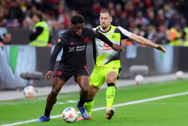 Ernest Poku Bayer 04 Leverkusen and Waldemar Anton Borussia Dortmund battle for the ball, Bundesliga, Bayer 04 Leverkusen v Borussia Dortmund, BayArena, November 29, 2025 in Leverkusen, Germany Photo by Marco Steinbrenner DeFodi Images Ernest Poku Bayer 04 Leverkusen and Waldemar Anton Borussia Dortmund battle for the ball, Bundesliga, Bayer 04 Leverkusen v Borussia Dortmund, BayArena, November 29, 2025 in Leverkusen, Germany Photo by Marco Steinbrenner DeFodi Images DFL regulations prohibit any use of photographs as image sequences and or quasi video