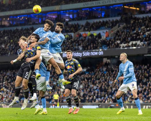 29th November 2025; Etihad Stadium, Manchester, Lancashire, England; Premier League Football, Manchester City versus Leeds United; Nico O Reilly of Manchester City heads the ball  TimxWilliams