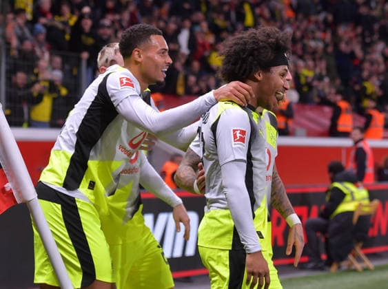 29 11 2025, xblx, Soccer 1 Bundesliga, Bayer 04 Leverkusen Borussia Dortmund v l Felix Nmecha Borussia Dortmund , Karim Adeyemi Borussia Dortmund , Goal scored, Goal to 0 2, celebrate the goal, Torjubel , Jubel, jubeln, jubelt, DFL DFB REGULATIONS PROHIBIT ANY USE OF PHOTOGRAPHS as IMAGE SEQUENCES and or QUASI VIDEO Leverkusen