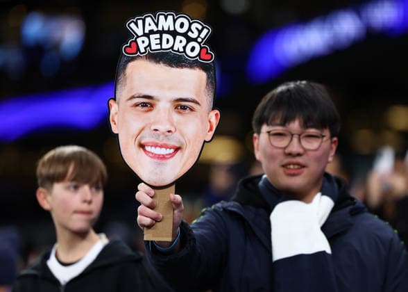 London, England, 29th November 2025. A Tottenham fan with a sign for Pedro Porro of Tottenham Hotspur during the Tottenham Hotspur vs Fulham Premier League match at the Tottenham Hotspur Stadium, London. Picture credit should read: Paul Terry Sportimage EDITORIAL USE ONLY. No use with unauthorised audio, video, data, fixture lists, club league logos or live services. Online in-match use limited to 120 images, no video emulation. No use in betting, games or single club league player publications. SPI_010_PT_Tottenham_Fulham SPI-4334-0010