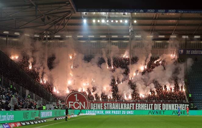 29 11 2025 Soccer Season 2025 2026 2 Soccer Bundesliga 14 Matchday 1 FC Magdeburg FCM 1 FC Nuremberg FCN Club Sportfoto Zink DaMa xdaxmax DFL regulations prohibit any use of photographs as image sequences and or quasi video only for editorial use Symbolbild Symbolfoto Feature Impression Pyrotechnik Pyro Bengalfackel Bengalfackeln Rauch Choreografie im Gästeblock zur zweiten Halbzeit der Clubfan Clubfans FCN Fans Fans Fans