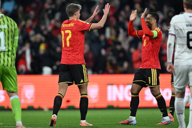 251118 BELGIUM VS LIECHTENSTEIN Charles De Ketelaere (17) of Belgium celebrates with Youri Tielemans (8) of Belgium after scoring the 7-0 goal pictured during a soccer game between the national teams of Belgium, called the Red Devils and Liechtenstein in the Qualifying Round of the 2025-26 UEFA European Qualifiers, on Saturday 18 November 2025 in Liege , Belgium . PHOTO SPORTPIX David Catry Liege Belgium  Copyright: xDavidxCatryx 20251118DSC_1601