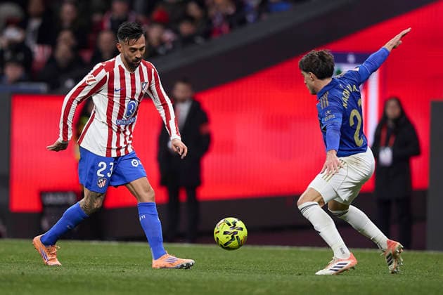 Nicolas Gonzalez Atletico de Madrid Nacho Vidal Real Oviedo battle for the ball during the LaLiga EA Sports match between AtlÃ tico Madrid v Real Oviedo at Estadio Riyadh Air Metropolitano on November 29, 2025 in Madrid, Spain Photo by Manu Reino DeFodi Images