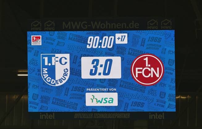 29 11 2025 Soccer Season 2025 2026 2 Soccer Bundesliga 14 Matchday 1 FC Magdeburg FCM 1 FC Nürnberg FCN Club Sportfoto Zink DaMa xdaxmax DFL regulations prohibit any use of photographs as image sequences and or quasi video only for editorial use Symbolbild Symbolfoto Feature Impression Scoreboard with final score 3 0 for Magdeburg